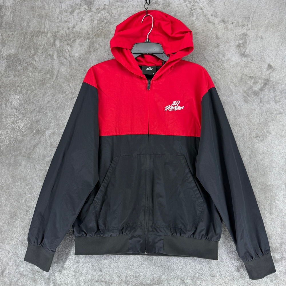 100 Thieves Windbreaker Jacket Mens Medium Red Black Colorblock Full Zip Hooded